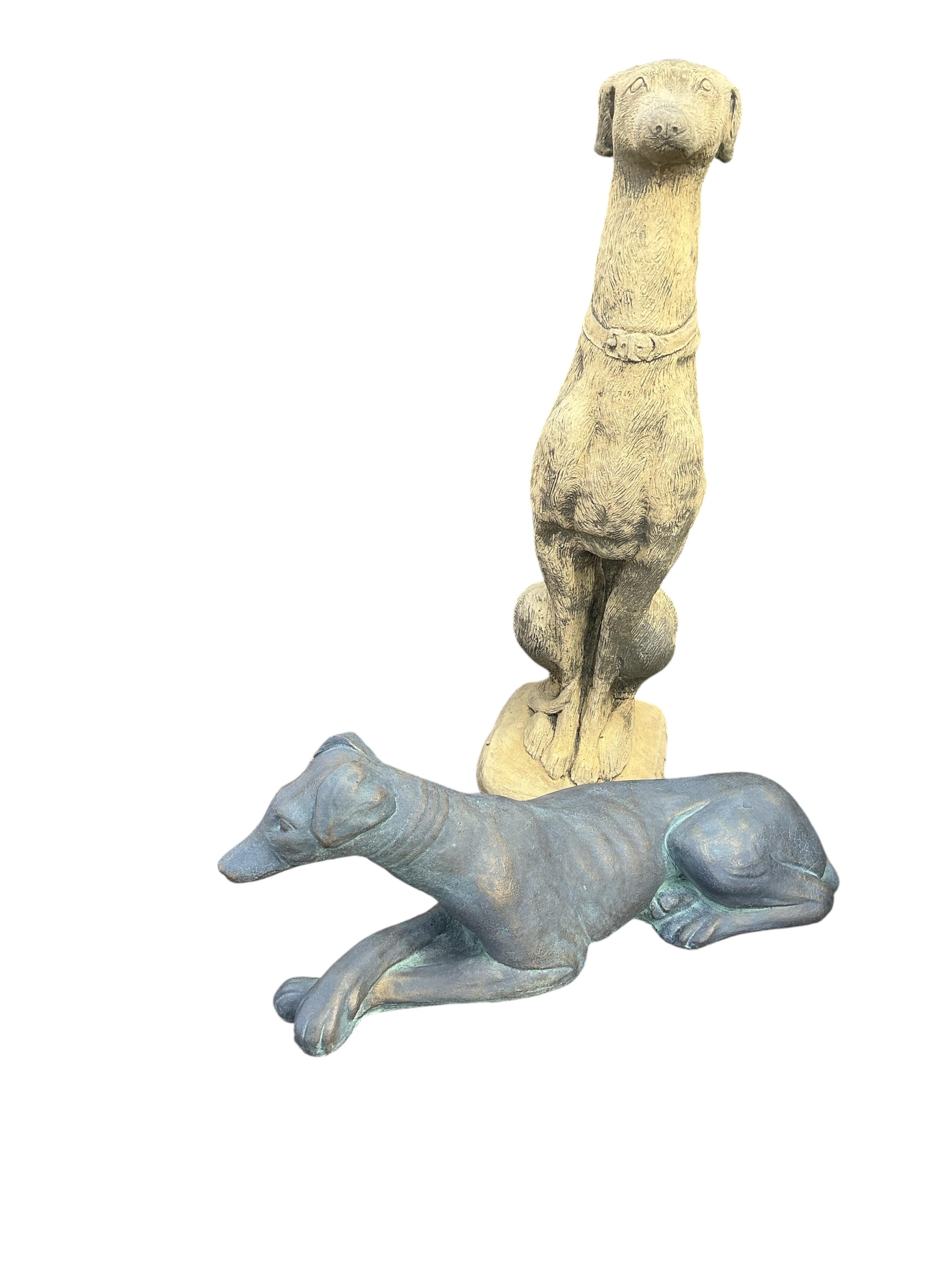 Three cast stone greyhound ornaments, largest height 74cm